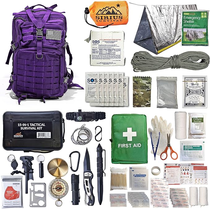 Sirius: Bug Out Bag Starter Kit - 72 Hour Kit for 1 Person – Backpack Survival Kit – 50L Tactical Backpack, US Made Food & Water, Medical Supplies & Survival Tools