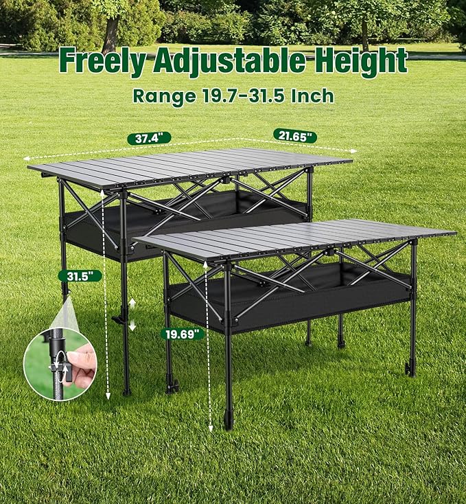 Folding Camping Table, 37.4" Aluminum Roll Top Table Lightweight, Adjustable Height Outdoor Table with Storage Mesh & Carry Bag, Portable Camp Gear for Picnic Tailgate BBQ, Black