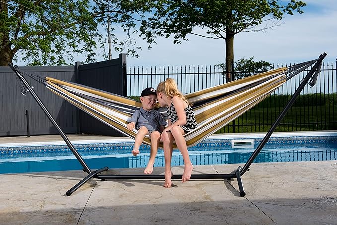 Vivere Double Cotton Hammock with Space Saving Steel Stand, Upgraded Polyester End Strings 450 lb Capacity - Premium Carry Bag Included (Desert Moon)