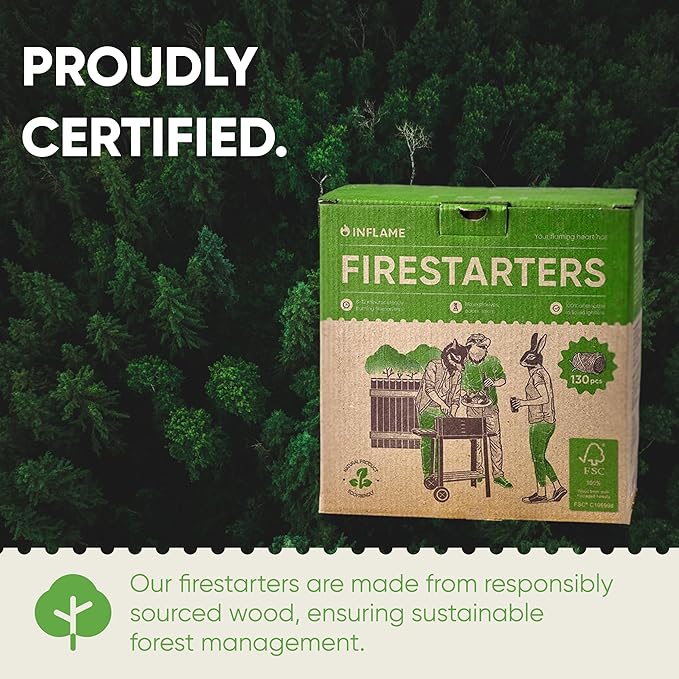 Inflame Fire Starters 130 pcs Fire Starters for Campfires, Grill, BBQ, Fireplace, Woodstove - Charcoal Starter - Waterproof, Weather-Resistant - Natural Wood Fireplace Starters