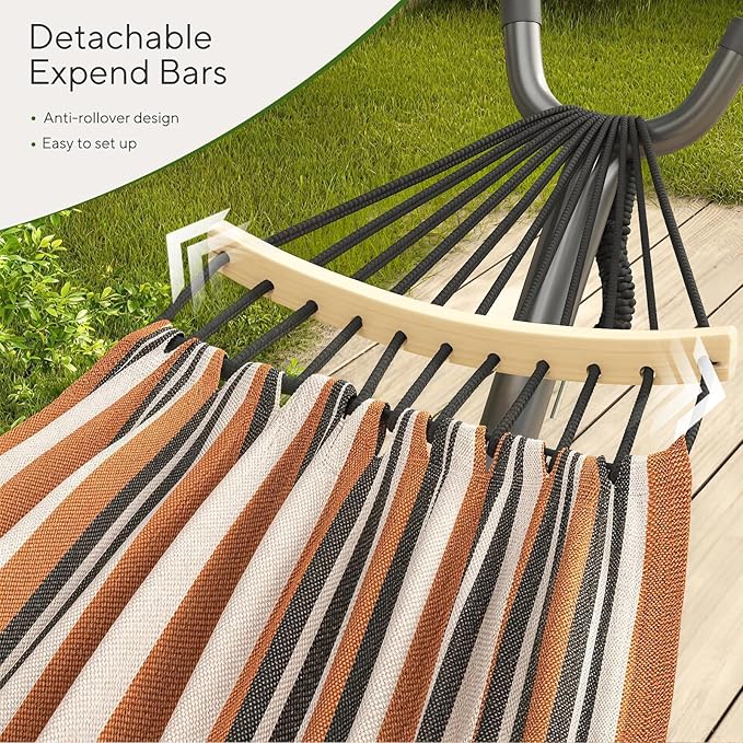 600lbs Hammock with Stand for Outside, 2 Person Portable Hammock with Side Storage, Carrying Bag, Expend Wooden Bar for Outdoor or Indoor (Brown Black)
