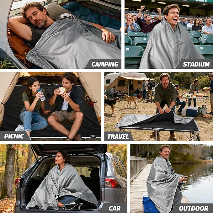 Fleece Waterproof Outdoor Blanket - Windproof Stadium Blanket for Camping, Picnics, and Sports Stay Dry and Comfortable 80"x 58"(Gray)