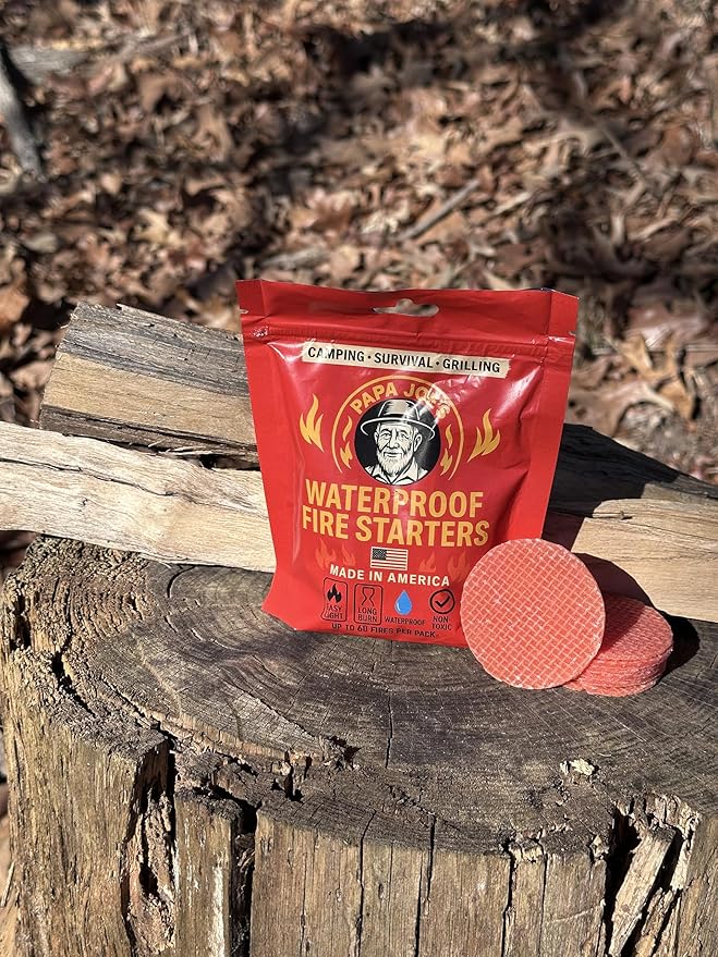 Papa Joe's 100% Waterproof Fire Starter (15 Disc) Up to 60 Fires | 8-10 Minute Burn Instant Light | Fire Pits, Grills, Survival | for Emergency Kits | Handmade in USA Camping Accessories