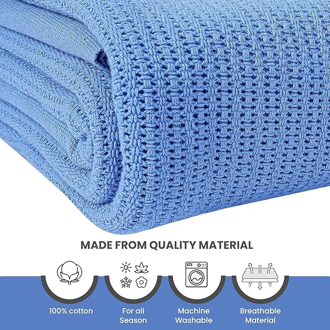 Linteum Textile Supply Blue Hospital Thermal Blanket 66x90 Inch 100% Cotton, Soft and Cozy, Breathable, Open-Cell Weave Design, All Season Twin Hospital Blanket (2-Pack)