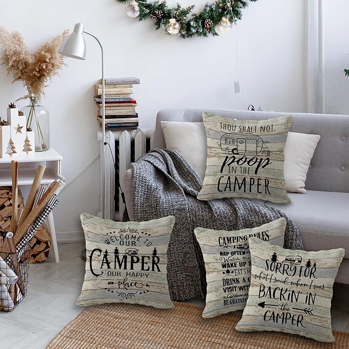 Happy Camper Pillow Cushion Cover Set of 6, 18 x 18 Inch - RV, Trailer & Camping Decor