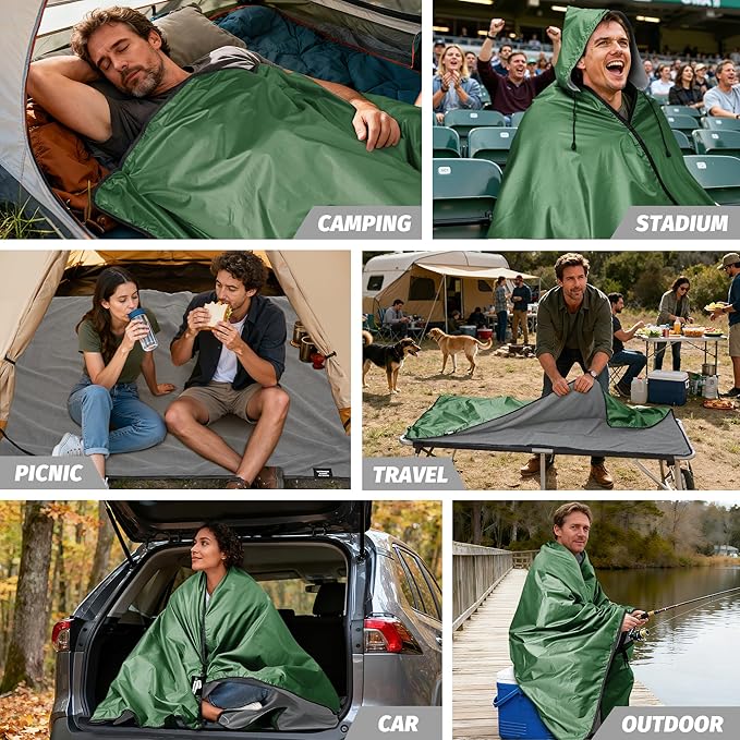Fleece Waterproof Outdoor Blanket - Windproof Stadium Blanket for Camping, Picnics, and Sports Stay Dry and Comfortable 80"x 58"(Hoodeed, Green)
