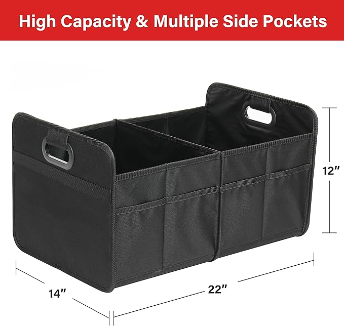 Simple Deluxe Trunk Organizer for Car/SUV/Truck, Collapsible 2 Compartment Automotive Storage Box, 600D Waterproof Oxford Polyester 50L Travel Accessories, Anti-slip & Leak-proof, Black New