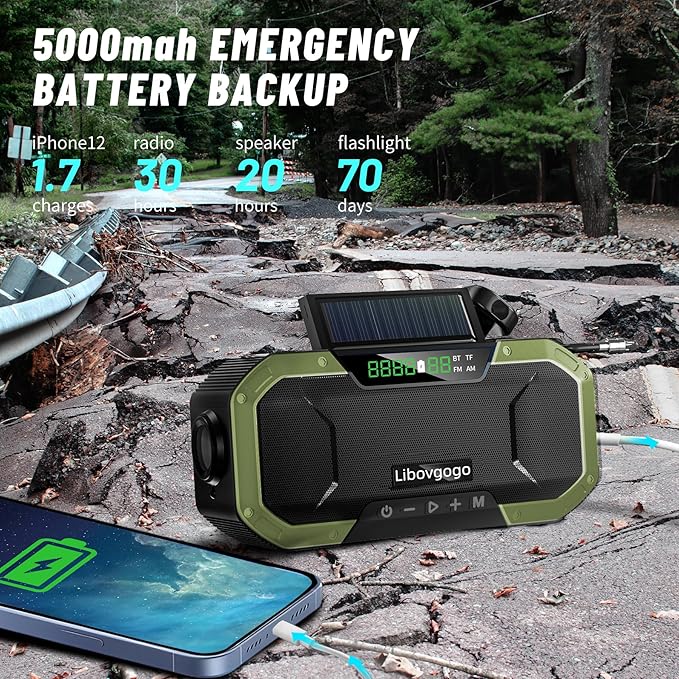 Emergency Radio Waterproof Bluetooth Speaker,Portable AM FM Radio with 5000mAh/18500mWh Cell Phone Charger,Flashlight,Reading Lamp,Hand Crank NOAA Weather Radio with Solar Panel,Emergency Survival Kit