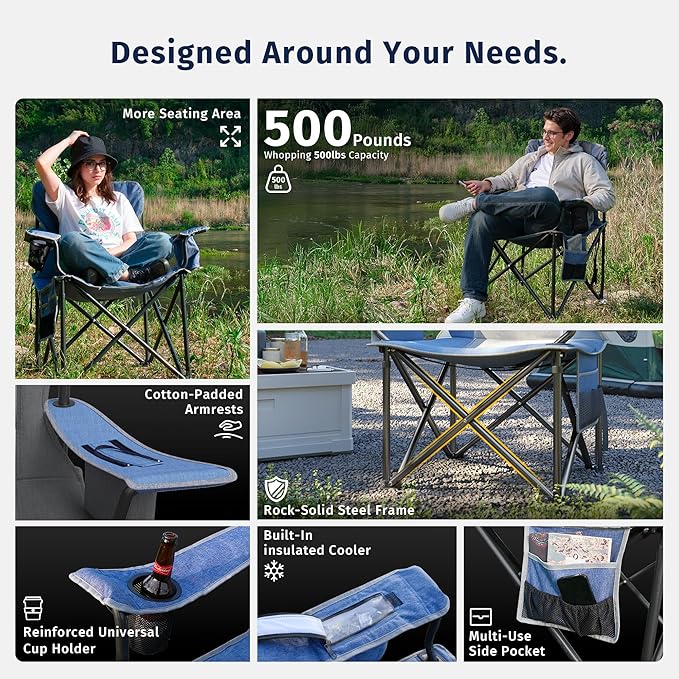 EAST OAK Oversized Camping Chair Heavy Duty Camping Chairs for Adults 500LBS Support, 600D Oxford, Cup Holder & Side Pocket Ideal for Camping, Beach, Sports Events, Backyard & Tailgating Gray