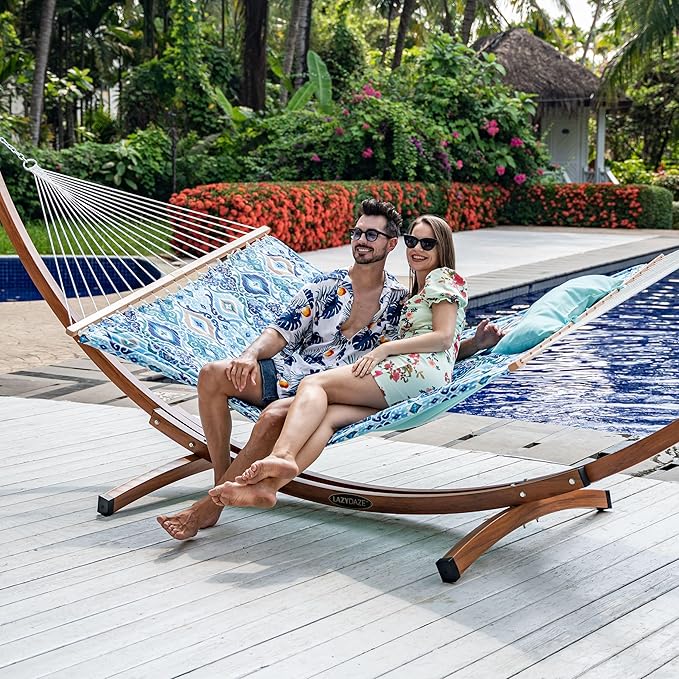 Lazy Daze Hammocks 2 Person Double Quilted Fabric Hammock with Spreader Bar, Detachable Pillow, Side Pocket, Carabiners, Chains, Straps for Outdoor, 450lbs Capacity, Floral Auqa