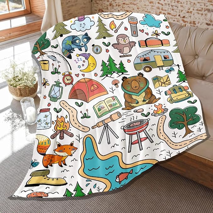 Camping Blanket Gifts for Women Men,Soft Camping Throw,Cute Plush Flannel Camping Quilts Decorations for Bedroom Sofa Bed Outdoor Travel 80 x 60in for Adults