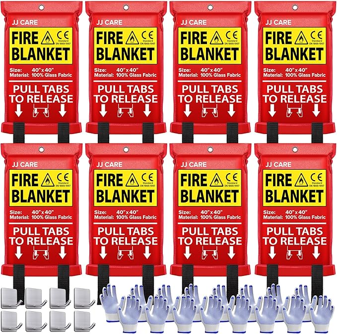JJ CARE Fire Blanket for Home 40"x40" + 8 Hooks & 8 Gloves, Fire Suppression Blanket, Emergency Fire Blanket for People, Fire Blanket Kitchen, Emergency Use - White