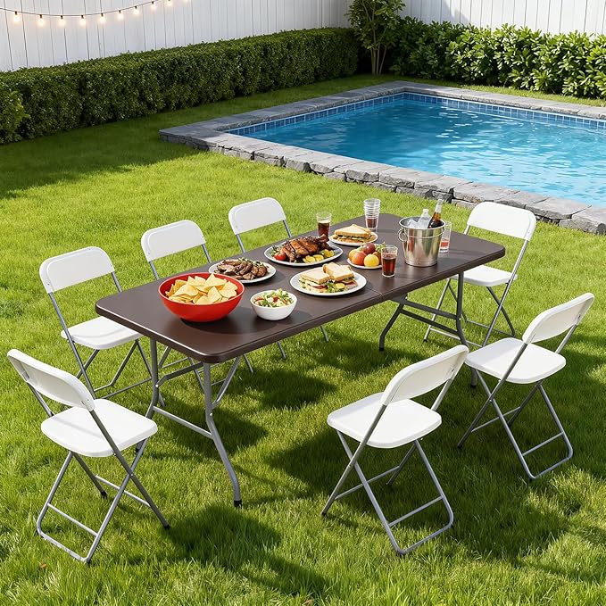 BestOffice 6 FT Picnic Table, Portable Plastic Folding Table with Carrying Handle Perfect for Picnics, Parties, Party and Camping, Brown