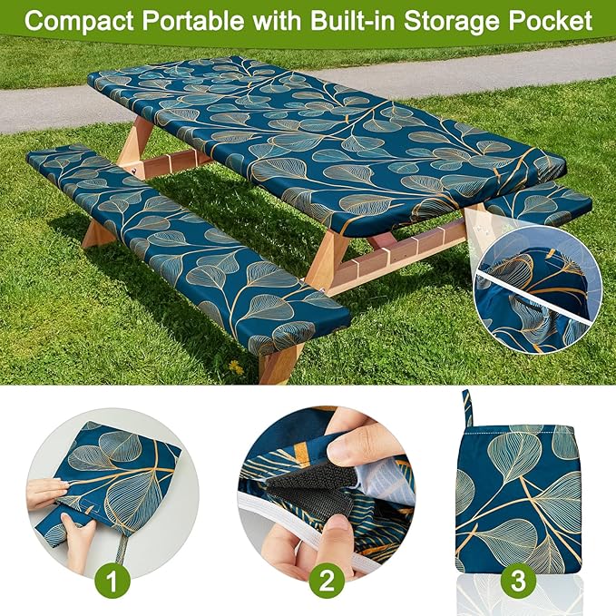 Picnic Table Cover with Bench Covers Portable Table Cloth Built-in Storage Pocket Fitted Tablecloth with Elastic Edges Waterproof Camping Essentials for Indoor Outdoor Rv,72in,Blue-gray
