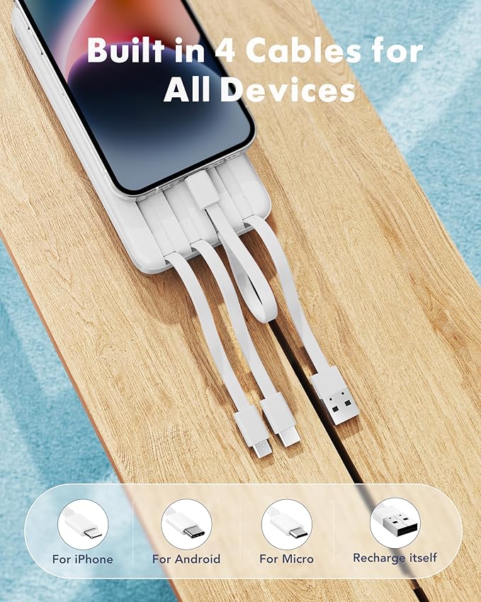 Charmast Portable Charger with Built in Cables, Power Bank with Cords Wires, Slim 10000mAh Travel Battery Pack 6 Outputs 3 Inputs 3A Fast Charging for Samsung Google Pixel LG Moto iPhone iPad