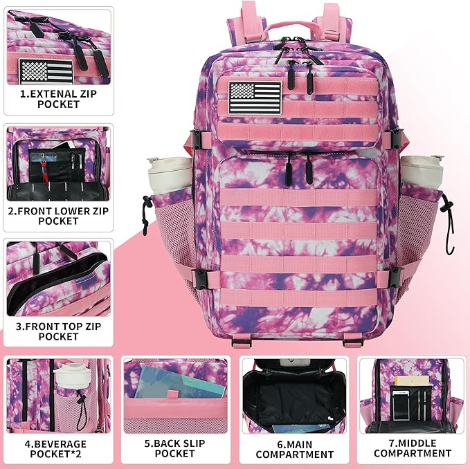 Lovelinks21 45L Tactical Assault Backpack 3 day assault pack with Molle Waterproof backpack Rucksack for Tactical Backpacks (Rose Tie-Dye)