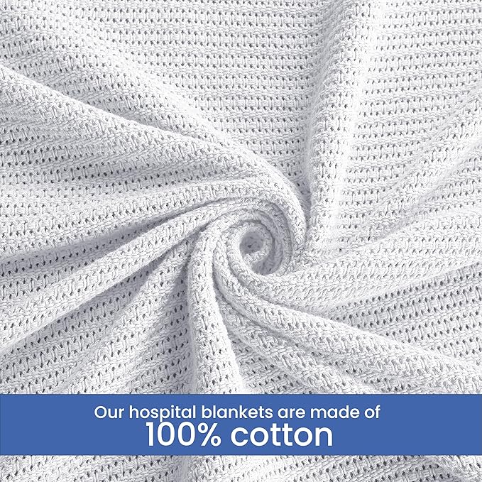 Linteum Textile Supply White Hospital Thermal Blanket 66x90 Inch 100% Cotton, Soft and Cozy, Breathable, Open-Cell Weave Design, All Season Twin Hospital Blanket (12-Pack)