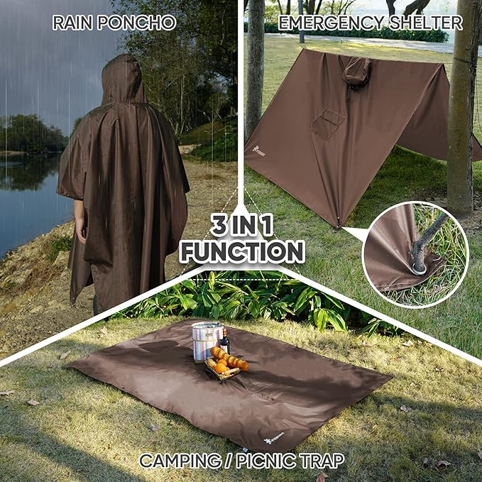 PTEROMY 3-in-1 Hooded Rain Poncho for Adult with Pocket, Waterproof Lightweight Unisex Raincoat for Hiking Camping Emergency