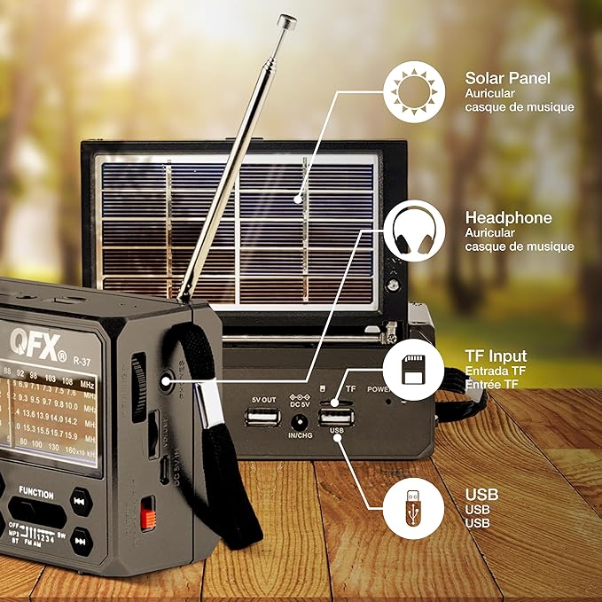 QFX R-37 6-Band (AM, FM, SW1 - SW4) Bluetooth LED Flashlight Solar Radio (2021 Model)