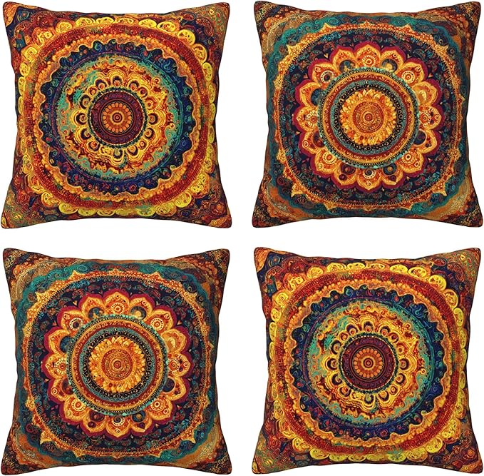Bohemian MandalaThrow Pillow Covers 18 X 18 Inch Set of 4 Decorative Cushion Cover Home Decor for Sofa Chair Couch Bedroom Living Room