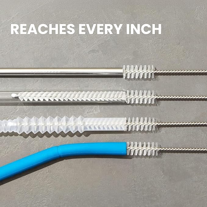 Juvale Straw Cleaner Brush - 12 In, Silver & White, 4-Pack - Stainless Steel Straw Cleaner Brush for Water Bottles & Pipes with Flexible Nylon Tip for Narrow Openings
