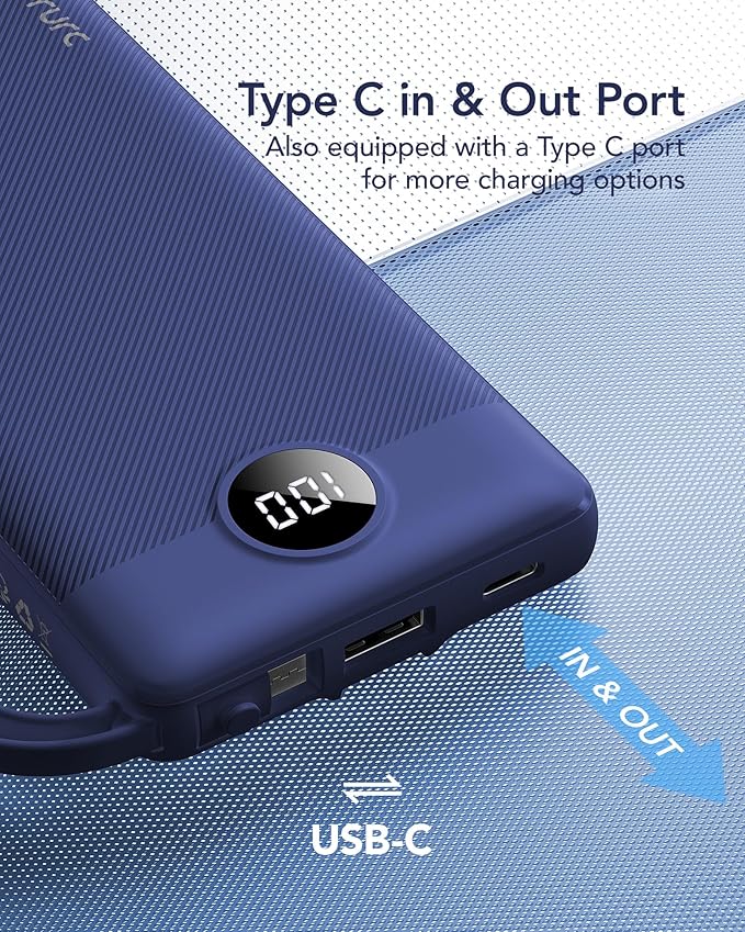 VRURC Portable Charger for iPhone, USB C Power Bank 10000mAh, Slim Travel Battery Pack with Built in Cables, 5 Outputs 2 Input Portable Phone Charger for iPhone 17 16 15 14 13, Samsung, Android-Navy