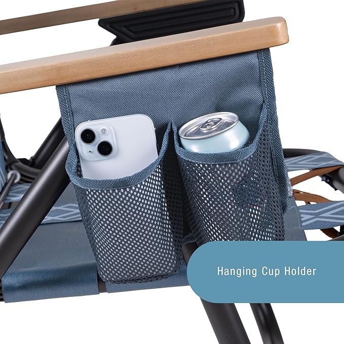 CleverMade Kove Twilight Blue Beach Camping Chair, Hands Free Carrying Strap + Real Wood Handles & 2 Cup Holders, Foldable Reclining Low Profile Collapsible Lawn Chair, Holds 300 lbs