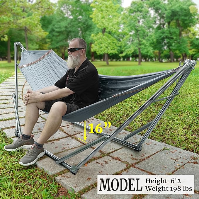 Tranquillo Adjustable Hammock Stand, Collapsible Camping Hammock with Stand, 650 lbs Capacity Double Hammock Stand, Foldable Stainless Steel Breathable Polyester Hammock Net, Carry Bag Included, Grey