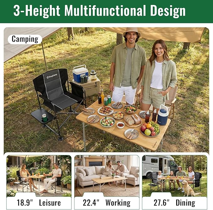 KingCamp Bamboo Folding Table, Camping Outdoor Portable Camp Table with Adjustable Height legs & Carry Bag for Outdoor RV Backyard Picnic Tailgating Beach