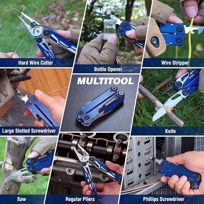 WORKPRO 24-in-1 Mutitool, Stainless Steel Multitool Pliers with Pocket Knife and Screwdrivers, EDC Self-locking Multi Tool with Sheath, Belt Clip for Outdoor Activities, Gifts for Men, Blue