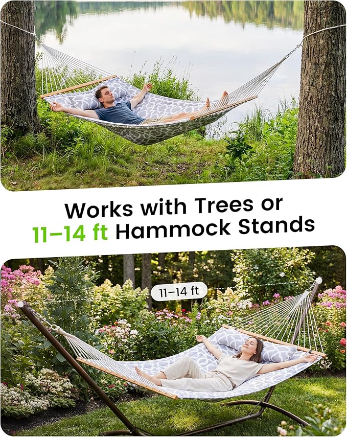 ANAGOO Double Quilted Outdoor Hammock for 2 Adults, 500lb Capacity Backyard & Camping Hammock with Pillow and Bamboo Spreader Bar, Fits 11–15ft Hammock Stands (Stand Not Included),White Gray