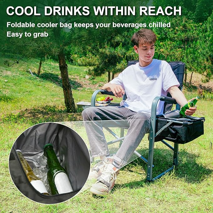 KingCamp XXL Oversized Directors Chair with Side Table, Folding Camping Chairs Heavy Duty 600lbs with Cooler Bag, Portable Camp Chair with Wide Seat for Hiking Fishing Lawn Outdoor and Sports