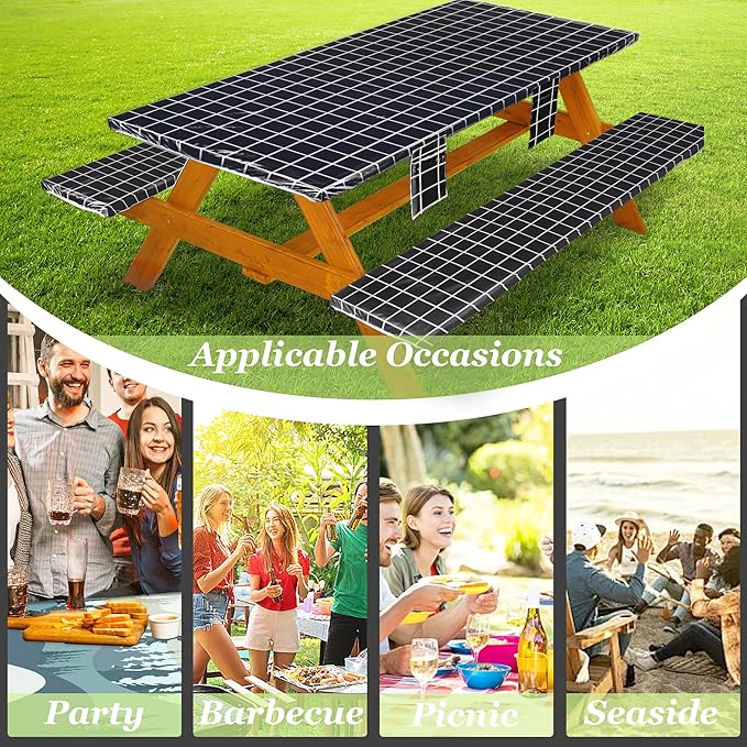 Picnic Table Cover with Bench Covers Vinyl Elastic Edges Fitted Rectangle Seat Tables Waterproof 3-Piece96X30in Set Outdoor Rectangular Folding Backing Tablecloth for Camping Over Size
