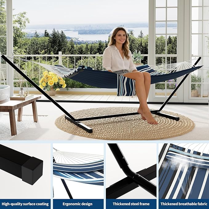 Garvee﻿ 2 Person Hammock with Stand for Outside, Double Hammock with Stand and Pillow, Max 450 Lbs Capacity with Balance Rope, Large Hammock for Outdoor Patio Backyard Poolside