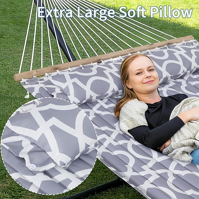 Double Hammock with Stand for 2 Person, Outdoor Freestanding Hammock Bed with 475lb Capacity - Heavy Duty Steel Frame, Quilted Pillow & Portable Carry Bag, Easy Assembly, Light Gray