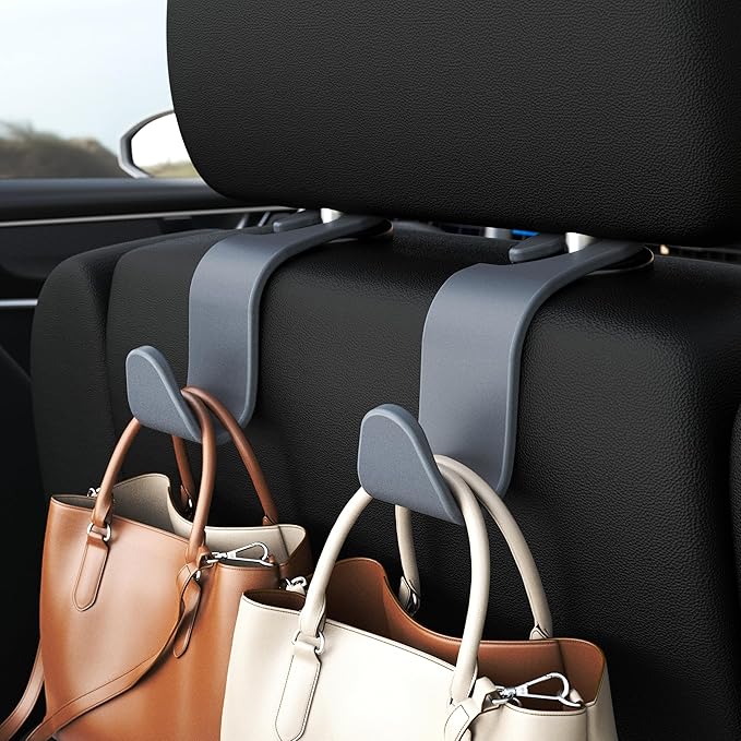 Amooca Car Seat Headrest Hook 4 Pack Hanger Universal Vehicle Car Storage Organizer for Handbag Purse Coat S Type Grey