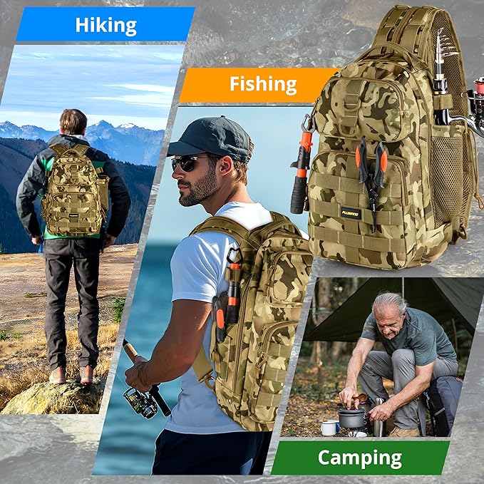 PLUSINNO Fishing Backpack with Floating Fishing Net, Tackle Boxes, Waterproof Sling Tackle Bag For Fish Gear With Rod Holder, Gifts for Men