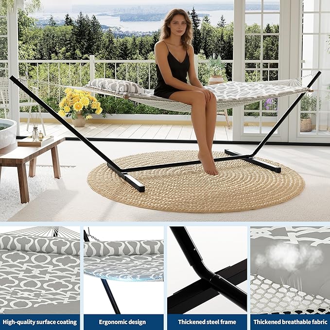 Garvee 2 Person Portable Double Hammock for Outdoor with Pillow, Heavy Duty Portable Hammock with Adjustable Steel Stand for Patio, Garden, Beach, Backyard