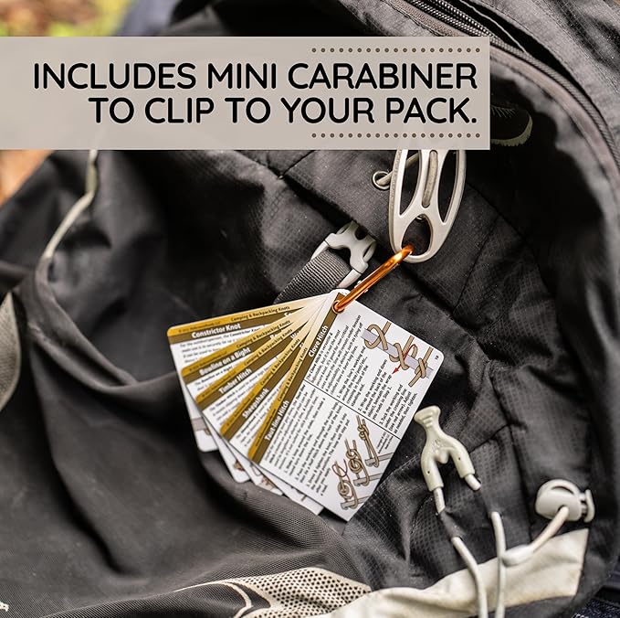 ReferenceReady Outdoor Knots Pocket Guide - Waterproof Knot Tying Cards with Mini Carabiner, 22 Rope Knots for Camping, Backpacking, Scouting and Bushcraft