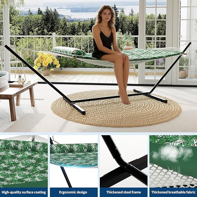 Heavy Duty 2 Person Double Hammock with Portable Adjustable Steel Stand, Outdoor Hammock with Pillow for Patio, Garden, Beach, Backyard Camping