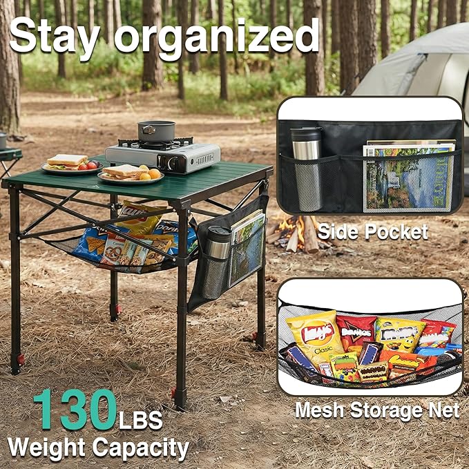 Camping Table Portable Foldable with Adjustable Height, Lightweight Collapsible Aluminum Roll-Up Camp Table with Storage Bag & Carry Bag, Heat-Resistant for RV Picnic BBQ Camping (Large 28"×25")