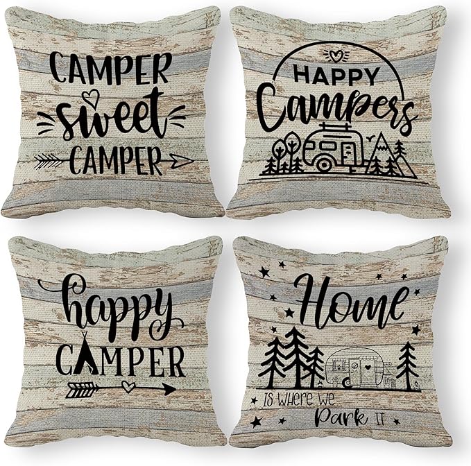 Sweet Camper Throw Pillow Case Set of 4, 18 x 18 Inch, Camping Gifts for Campers and Happy Campers