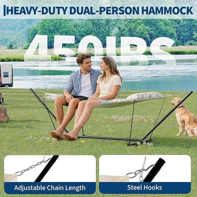 Heavy Duty 2 Person Double Hammock with Portable Adjustable Steel Stand, Outdoor Hammock with Pillow for Patio, Garden, Beach, Backyard Camping