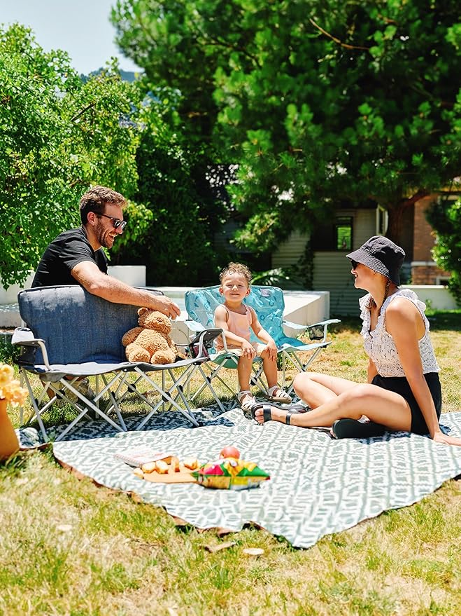 EVER ADVANCED Kids Double Camping Chair, Foldable Loveseat for Siblings & Twins with Cup Holders, Padded Kid Chair with Mesh Pocket, Portable Outdoor Sofa for Beach, Playroom, Supports 300lbs, Green