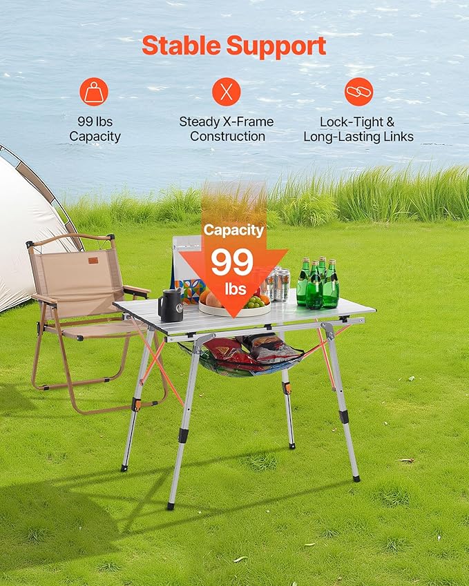 VEVOR Folding Camping Table, Portable Roll Up Side Tables, Lightweight Aluminum Beach Table for Outdoor BBQ Tailgating Picnic, Travel (35 inch-Silver)