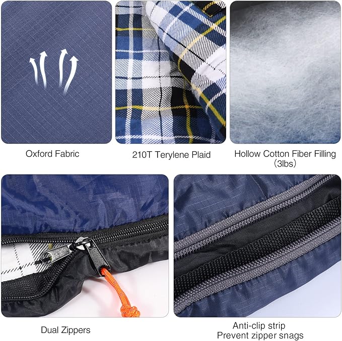 REDCAMP Flannel Sleeping Bag for Adults, Comfortable Cotton Sleeping Bags for Camping with Detachable Hood, Red/Grey/Blue/Black