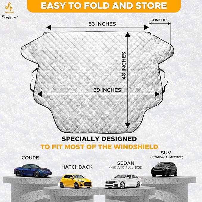 EcoNour Car Windshield Snow Cover - Ice Windshield Cover with 4 Layers Thickness, Snow Protection Cover, Easy to Use, [Universal Fit] for Cars,SUV,Sedan,Hatchback - Medium