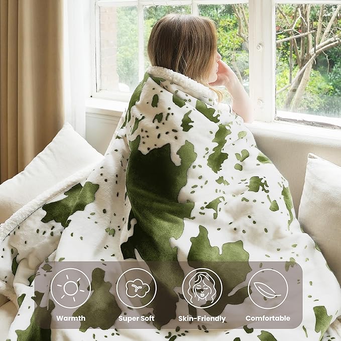 Heated Blanket Throw Blanket - Fast Heating Electric Blanket, Soft Flannel Heated Throw with 4 Time Settings,10 Heating Settings, Warm Gifts for Women & Mom & Grandma(50"x60"Cow Print Sage)