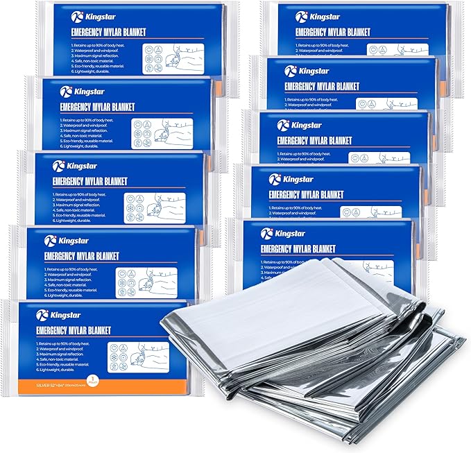 K Kingstar Emergency Blankets 10 Packs, 84" L x 52" W, Bulk Survival Blankets for Disaster Prep & Homeless Care, Heavy-Duty Reusable Mylar Retains Body Heat in Extreme Cold, A Must-Have for Car Kits