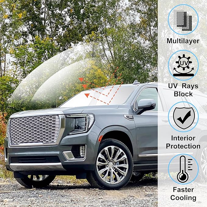 Windshield Sun Shade Custom Fit 2021 2022 2023 2024 2025 GMC Yukon XL/Chevrolet Suburban Accessories Foldable Sunshade Sun Blocker Front Window Shades Covers Keeps Car Cooler